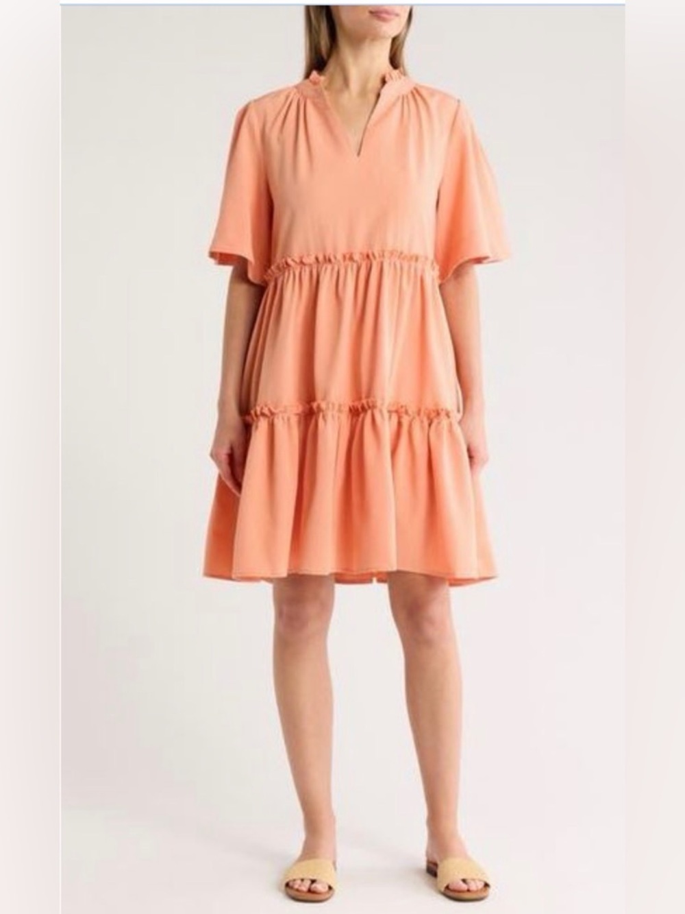NWT Area Stars Coral Tiered Trapeze Dress Split Neck Flutter Sleeve Pockets M - Picture 3 of 4